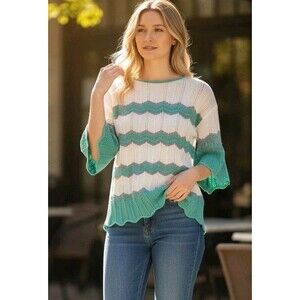 M Missoni Green White Chevron Scalloped Open Knit Top Size Medium EU 38